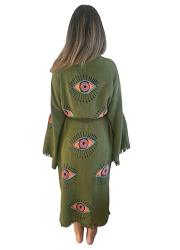 Handmade Evil Eye Kimono - Green Festival Women Clothing - Bohemian Robe - Boho Cotton Cardigan - Dressing Gown3