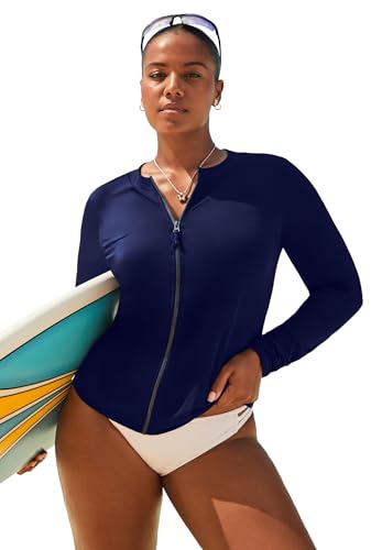 Swimsuits For All Women's Chlorine Resistant Zip Up Long Sleeve Swim Rash Guard - 14, Navy (Plus