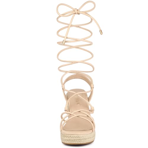 Allegra K Women's Platform Square Toe Lace Up Espadrilles Heels Beige Wedge Sandals 6 M US