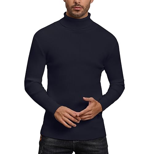 Jersey Hombre Cuello Alto Suéter Jersey de Punto Pullover Camiseta Tops Invierno Otoño Básico Manga Larga Suter Cálido Suéter Comfort Azul Marino XXL