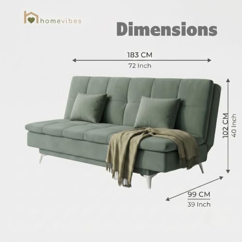 Image of Velum 3 Seater Sofa for Living Room & Office | Premium Fabric Upholstery | Solid Wood Frame | Comfortable Seating | 3 Years Warranty (Frosty Green, Sofa Cum Bed)