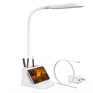 AXX White LED Desk Lamp with USB Charging Port, Flexible Gooseneck Table Light for Kids, 650LM, Phone Mount, Pen Holder, Timer Settings, Study Essentials for College Dorm Room Home Office Bedroom