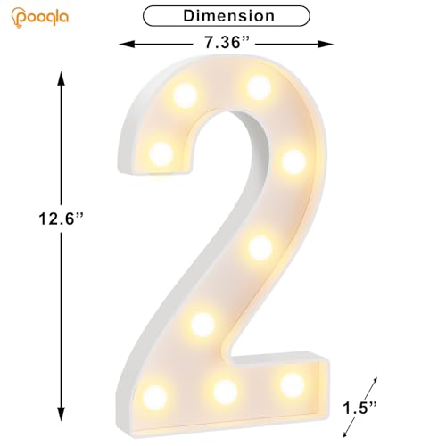 Image of Pooqla Large Light Up Numbers for 2nd Birthday Decorations, 12.6 in Tall White Plastic Marquee Numbers Sign Party Decorations, Gift for Girls Boys Night Light Wedding Anniversary Decor, Big Number 2