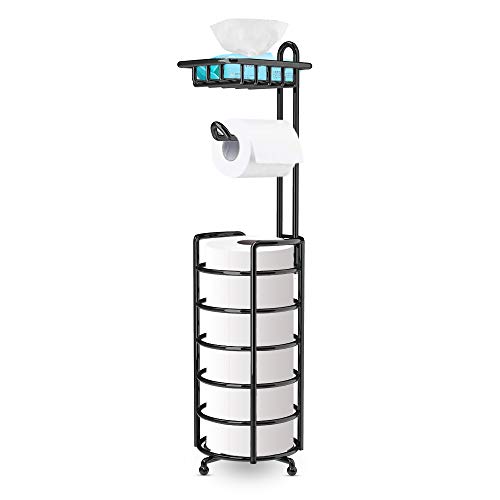 Auledio Toilet Paper Holder Stand Bathroom Tissue Dispenser Organizer Free Standing with Top Shelf Storage Mega Rolls/Phone Holder,Black