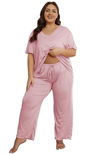 Image of Vozanet Women's Plus Size Pajama Sets Short Sleeve Long Pants Solid Color with Piping Trim Elegant Loungewear Cozy Sleepwear