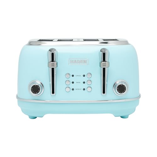 Haden Heritage 4 Slice Wide Slot Stainless Steel Toaster with Adjustable Browning Control & Non-Slip Feet, Turquoise & Chrome