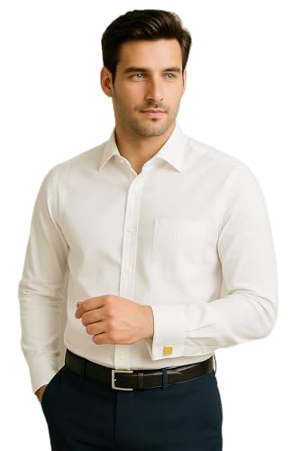 Image of Men's Premium Cotton Formal Dress Shirt - White Collar & French Cuffs with Cufflinks | Solid White, Micro Check & Striped for Office, Wedding