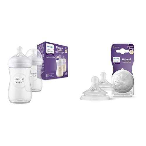 Philips Avent Lot de 2 biberons à Réponse Naturelle de 260 ml, sans BPA & Avent Lot de 2 tétines pour biberon à Réponse Naturelle 0% BPA, Débit 2 pour...