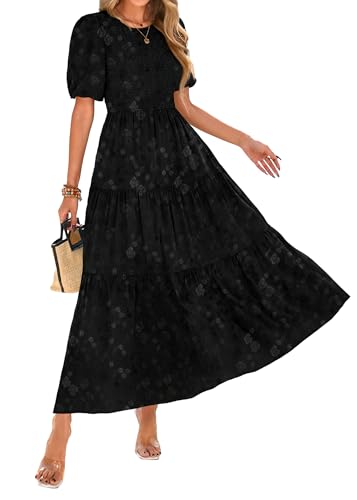 KIRUNDO Womens Summer Dresses Wedding Guest Floral Midi Sundress Short Puff Sleeve Flowy A Line Smocked Tiered Boho Dress(Black, Large)