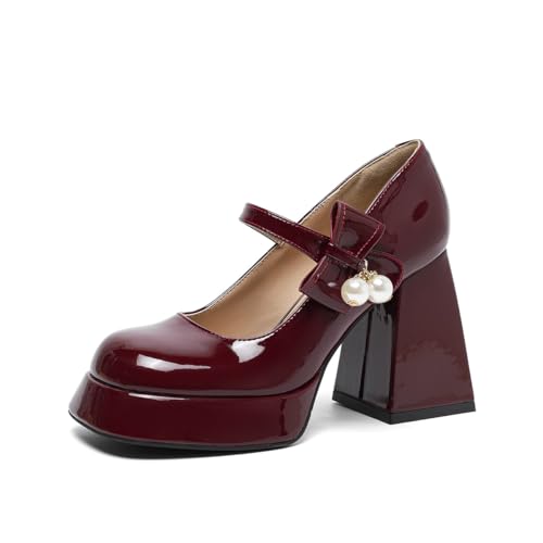Women's Patent Leather Pearl Bow Ultra-High Heel Mary Jane Shoes Cute Adjust Strappy Buckle Platform Chunky Block Heel Round Toe Dress Pumps for Party Wedding Daily