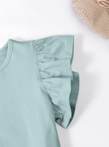 Image of Girls' Summer Shirts Cute Tops Ruffle Sleeve Crew Neck Casual Tees Green 11-12Y