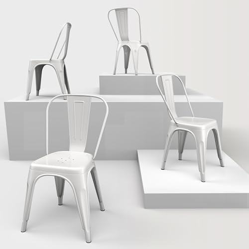 Image of Metal Dining Chairs with Backrest, Stackable, White, 4 Pack | Easy Assembly, Non-Slip Feet, 330 lb Capacity, Kitchen, Restaurant, Cafe, Pub, Covered Patio