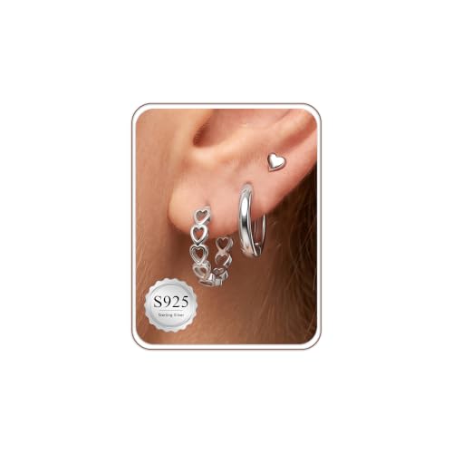Image of ankbrats 3 Pairs Small 925 Sterling Silver Heart Hoop Stud Earrings Set