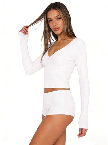 Image of Dressmine Sexy Pajamas Set for Women Spring Pj Lounge Sets 2 Piece Cute Sleepwear Long Sleeve V Neck Y2K Tops Shorts