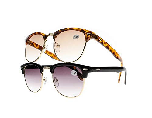 2 Pack Men Women Retro Oversized Square Half Frame Tinted Lens Reading Glasses UV400 Sunglasses