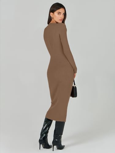 Image of ANRABESS Women Long Sleeve Sweater Dress Crewneck Bodycon Stretch Slim Fit Ribbed Knit Midi Dresses 2025 Fall Trendy Outfits Brown X-Large