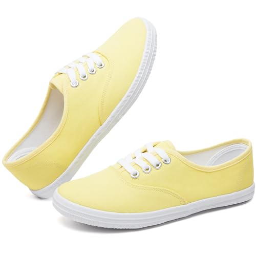 TUOPIN Womens White Canvas Sneakers Low Top Lace-up Canvas Shoes Lightweight Casual Tennis Shoes(Yellow.US9)