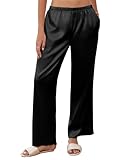 Ekouaer Womens Silk Satin Wide Leg Pajama Sleep Pants Casual Loose Soft Lounge Pants Elastic Waist Pj Bottoms with Pockets, Black, XXL