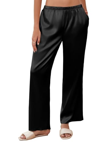 Ekouaer Womens Silk Satin Wide Leg Pajama Sleep Pants Casual Loose Soft Lounge Pants Elastic Waist Pj Bottoms with Pockets, Black, S