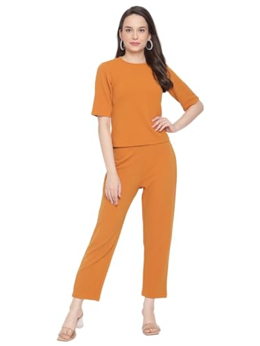 Image of Zima Leto Women's Orange Polyester Co-ord Set | Solid Short Sleeve Top with Matching Pants | Stylish Two Piece Outfit for Women | Modern Western Set for Work, Travel, Casual, Lounge & Daily Use