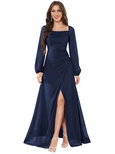 Long Sleeves Bridesmaid Dresses for Women Square Neck Ruched Chiffon Formal Evening Dresses with Slit