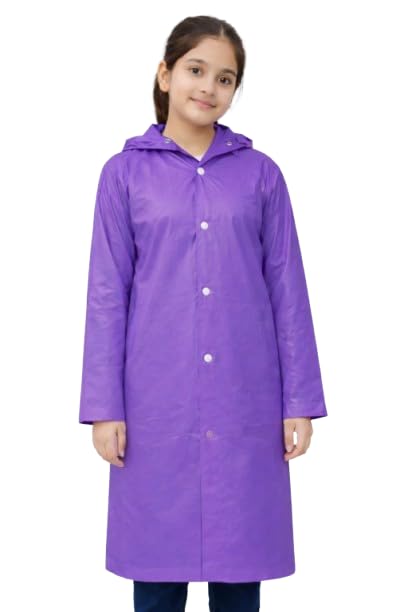 Image of Nephar Kids Boys & Girls Waterproof Hooded Raincoat | Long Length PVC Rain Wear Jacket | Lightweight Full Sleeve Button Closure Monsoon Coat