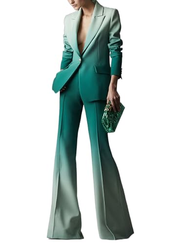 Women's Color Ombre Blazer Flare Pants Fashion Suit Set 2 Pieces Prom Party Trendy Temperament Outfit