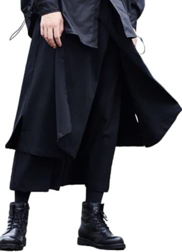 [pLegLad] サルエルパンツ メンズ ワイドパンツ 袴パンツ アラジンパンツ 大きいサイズ 巻きスカート レイヤード パンツ モード系 (Lサイズ, ブラックA) - pLegLad - 商品画像