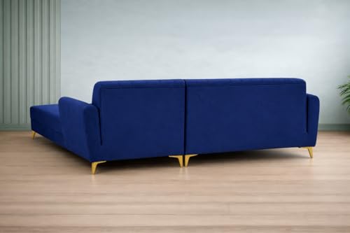 Image of Adorn India Premium Luster 8 Seater L Shape Sofa Set with 2 Puffy & 1 Center Table | Velvet Suede Fabric | 3-Year Warranty | RHS | Blue with Golden Legs & Striped Pattern Cushion