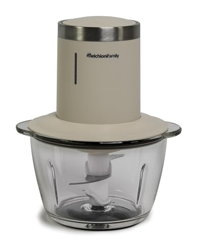 Melchioni Family | Tritatutto Elettrico ESTER Senza Fili e Ricaricabile, Capacità Ciotola in Vetro 1,2 litri, Lama a due Strati, Colore Bianco