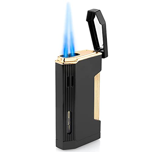 PILOTDIARY Torch Butane Lighter, Double Jet Flame Refillable Windproof Automatic flip Cap Mini Lighter Fatherâ€™s Gift Butane NOT Included Black/Gold