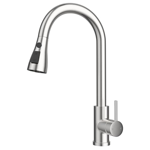 WLTEDRGO Brushed Stainless Kitchen Tap, 360° Swivel Kitchen Sink Taps with Pull Out Spray, Stainless Steel Mixer Tap with 3 Functions, 1 Hole Single Lever High Arc Sink Taps, High Pressure Faucet