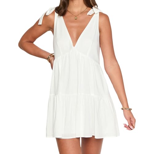 Image of Women Y2k Tie Shoulder Mini Dress Sleeveless Flowy Babydoll Dress Boho Floral Aline Short Sundress