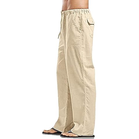 YAOHUOLE Mens Linen Pants Casual Loose Fit Drawstrings Elasticated Waist Lightweight Yoga Pants Khaki XL Cover
