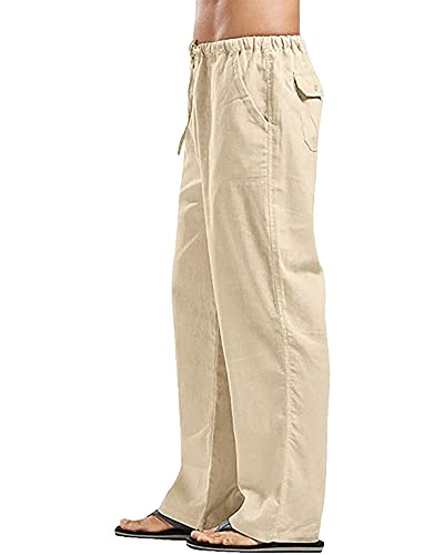 YAOHUOLE Men's Cotton Linen Pants Loose Fit Casual Yoga Pants Drawstring Elastic Waist Straight Legs Pants