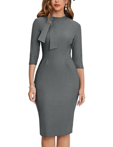 Image of MUXXN Women's Midi Pencil 1950s Vintage Cocktail 3 /4 Sleeve Tie Neck Bodycon Mid-Calf Dress with Pockets