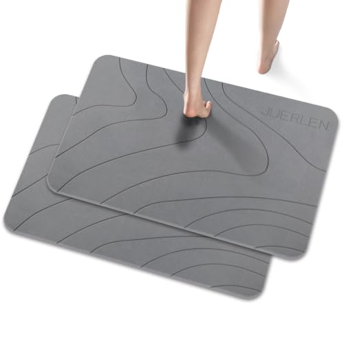 JUERLEN 2 Pack Diatomaceous Earth Shower Mat, Stone Bath Mat, Nonslip Super Absorbent Fast-Drying Hard Bath Mat for Bathroom Shower Floor, 32 x 20 inch, Grey Wave Design