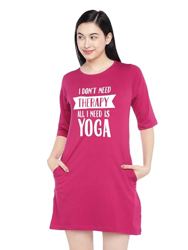 Image of STATUS MANTRA Women's Long T-Shirt Dress - Cotton Casual Knee Length Dress with 3 /4 Sleeves | Soft Bio-Washed Fabric, Crew Neck, Relaxed Fit | Comfy Summer Lounge Wear