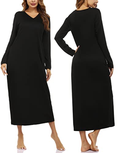 Marvmys Women Cotton Long Nightgowns Long Sleeves Nightshirts V Neck Full Length Sleep Shirts with Pocket2