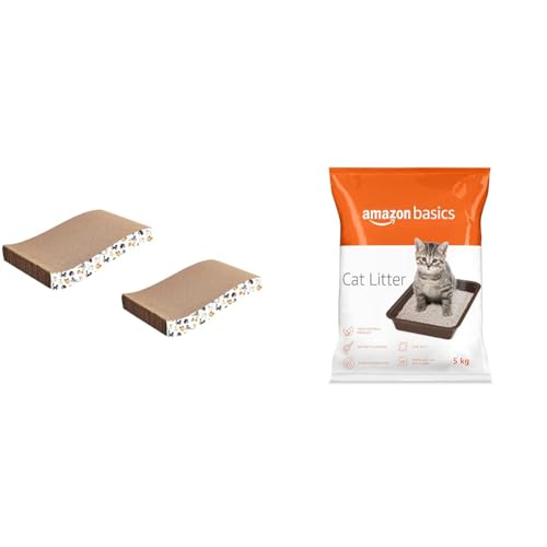 Image of Amazon Basics Cat Scratch Pad with Catnip, Pack of 2 & AmazonBasics Scoopable Smart Bentonite Cat Litter, 5Kg, Pack of 1