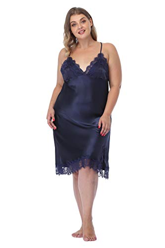 ABC-STAR Women Plus Size Lingerie Satin Lace Chemise Nightgown Sexy Full Slips Sleepwear Navy