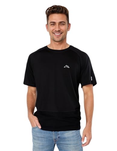 LEADHALO Camisetas de 100 % lana merino para hombre, capa base de lana merino de 16,5 micras, ligera, absorbe la humedad, manga corta, Negro -, Large