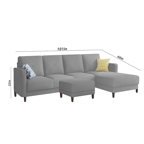 Image of Baloney RHS 6 Seater L Shape Sofa Set with Center Table for Living Room (Grey Fabric) Premium Fabric Sofa