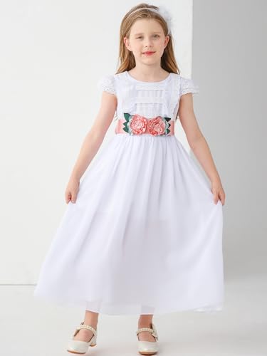 ABAO SISTER First Communion Dress White Gown with Satin Waist Belt Lace Cap Sleeves Pink Floral Sash Flower Girl Dress3