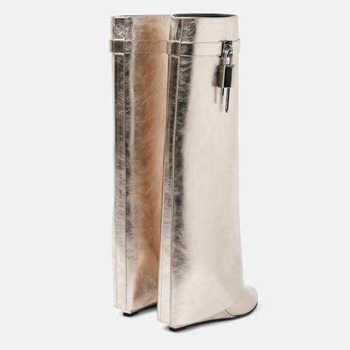 Image of Arqa Knee High Boots Womens Wedge High Heels Shark Boots Fold Over Pull-on Pointed Toe Tall Fashion Boots for Women