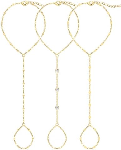 3PCS 14K Gold-Plated Hand Chain Bracelets for Women, Stack Bracelets Set Adjustable, Dainty Ring Bracelet Hand Chain