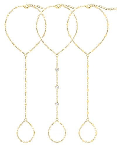 3PCS 14K Gold-Plated Hand Chain Bracelets for Women, Stack Bracelets Set Adjustable, Dainty Ring Bracelet Hand Chain