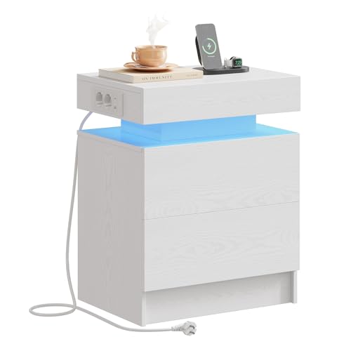 IRONCK Nachttisch Weiß mit LED-Licht & Ladefunktion, Beistelltisch mit USB+Typ-C Anschlussen, Nachtschrank mit 2 Schubladen, Sofatisch für...