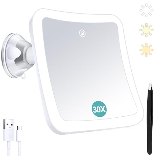 Miroir grossissant avec lumière, Miroir de Maquillage Lumineux grossissant 30x avec contrôle Tactile et Ventouse, Rechargeable, Rotation à 360°, Salle de Bain et...