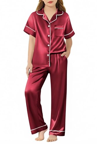 Arshiner Girls Pajamas Silk Satin Button Down Pjs 2 Piece Short Sleeve Sleepwear Set Red 9-10 Years